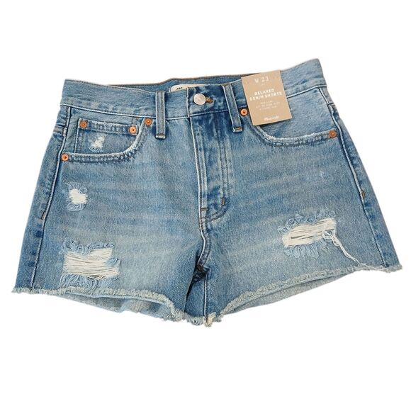 NWT Madewell Distressed Blue 100% Cotton Relaxed Mid Rise Denim Shorts Size: W23 - Picture 1 of 6